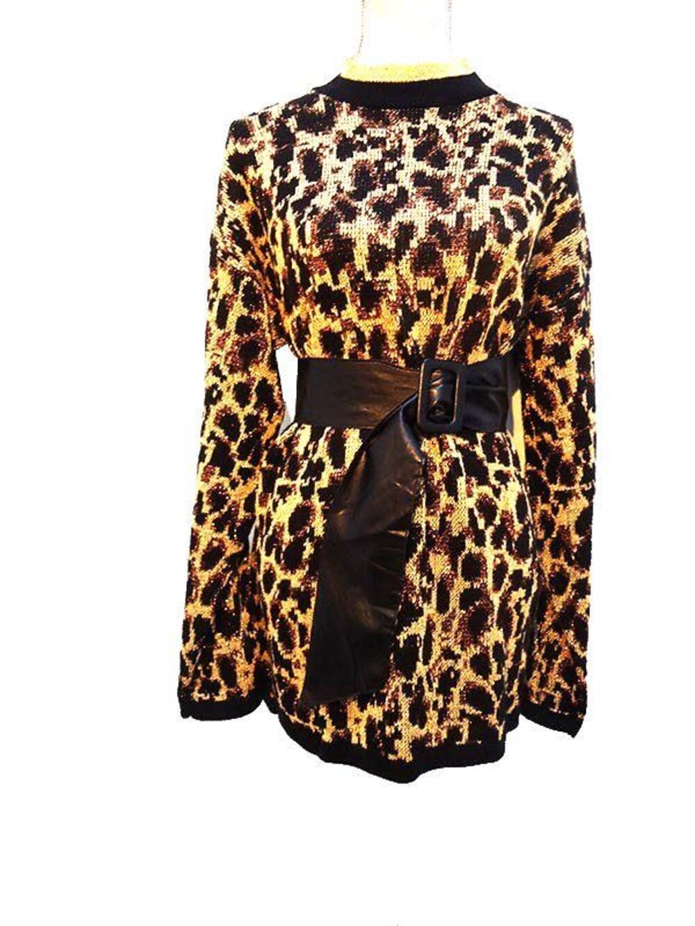 Vintage 90s Metallic Gold Glitz Black Leopard Sweater Mob Wife Print Peg Bundy M